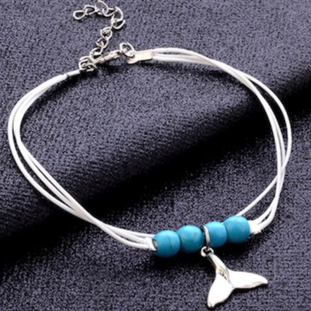 White and Turquoise Fishtail Cord Ankle Bracelet